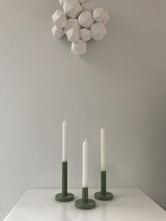 Image 1 of Set Of Three Modern Olive Green Candlesticks