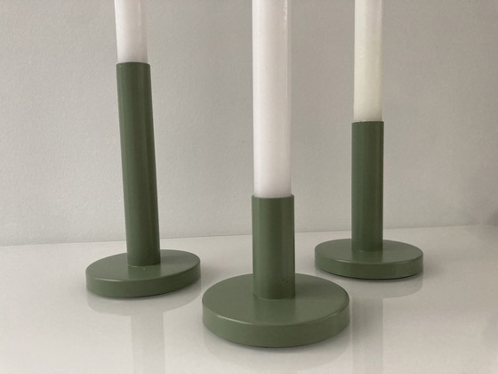 Image 1 of Set Of Three Modern Olive Green Candlesticks