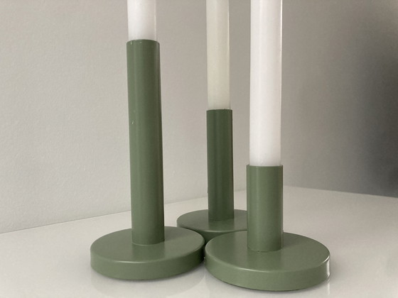 Image 1 of Set Of Three Modern Olive Green Candlesticks