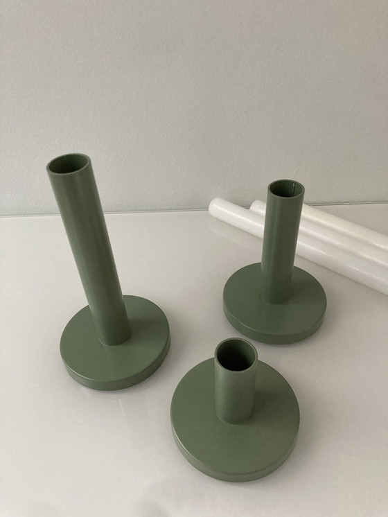 Image 1 of Set Of Three Modern Olive Green Candlesticks