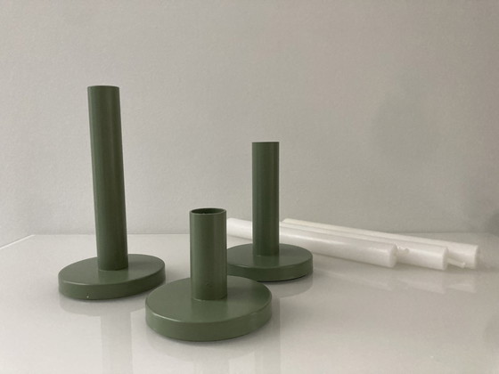 Image 1 of Set Of Three Modern Olive Green Candlesticks