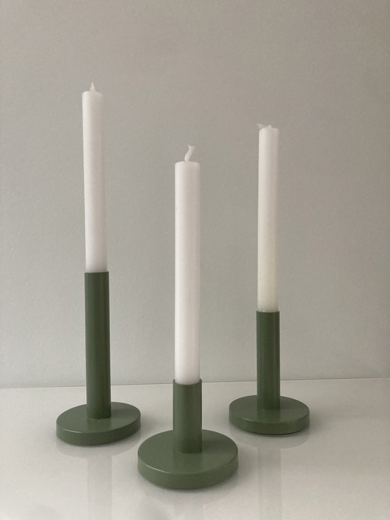 Image 1 of Set Of Three Modern Olive Green Candlesticks
