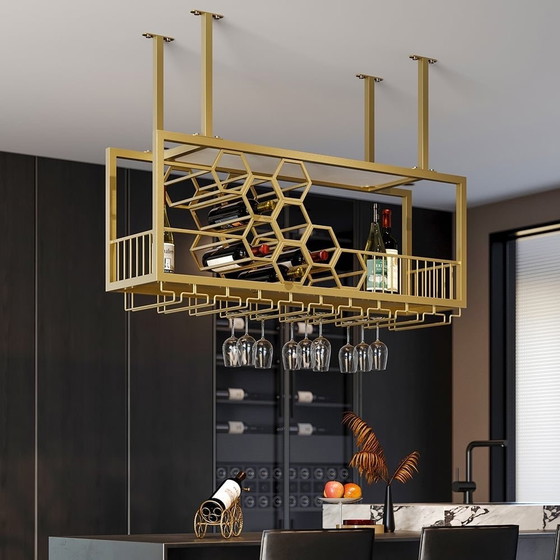 Image 1 of Hanging Brass Wine Rack