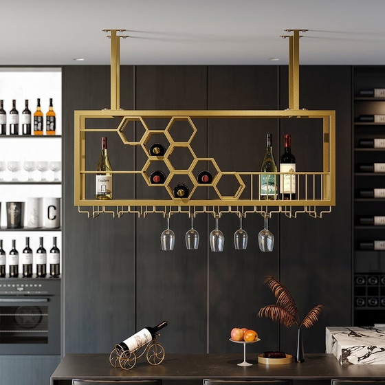 Image 1 of Hanging Brass Wine Rack