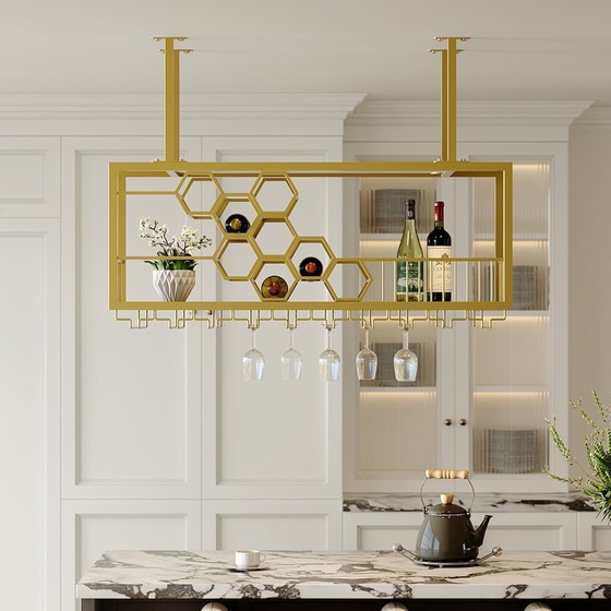 Image 1 of Hanging Brass Wine Rack