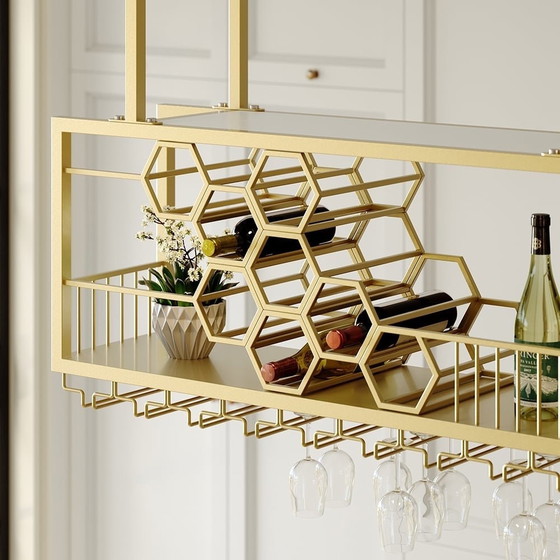 Image 1 of Hanging Brass Wine Rack