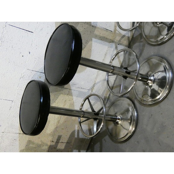 Image 1 of Set of 4 vintage stools in polished stainless steel and black skai, 1970
