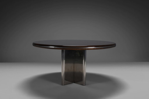 Rare Round Dining Table By Hans Von Klier For Skipper, Stainless Steel And Wood