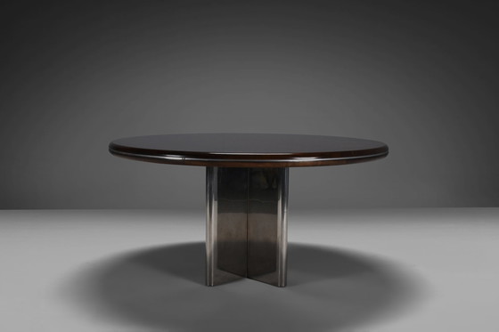 Image 1 of Rare Round Dining Table By Hans Von Klier For Skipper, Stainless Steel And Wood