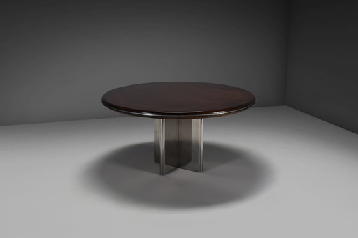 Rare Round Dining Table By Hans Von Klier For Skipper, Stainless Steel And Wood