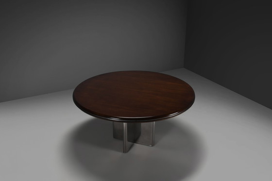 Image 1 of Rare Round Dining Table By Hans Von Klier For Skipper, Stainless Steel And Wood