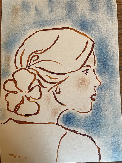 Painting Ink Pastel Portrait of a Woman La Fleur Art Deco