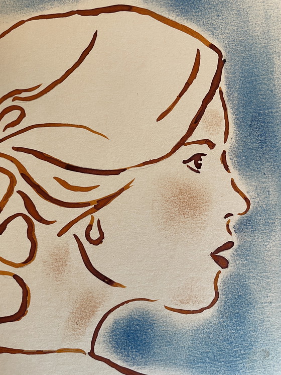 Image 1 of Retrato femenino en pintura al pastel con tinta La Flor Art Déco