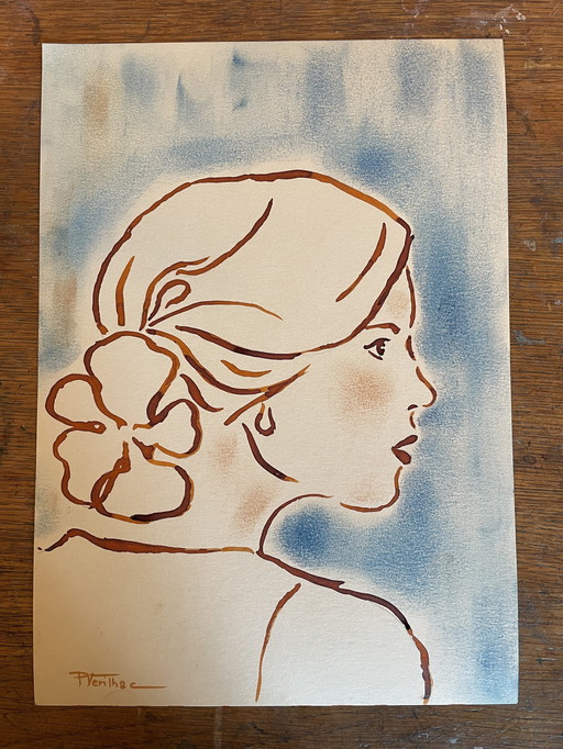 Painting Ink Pastel Portrait of a Woman La Fleur Art Deco