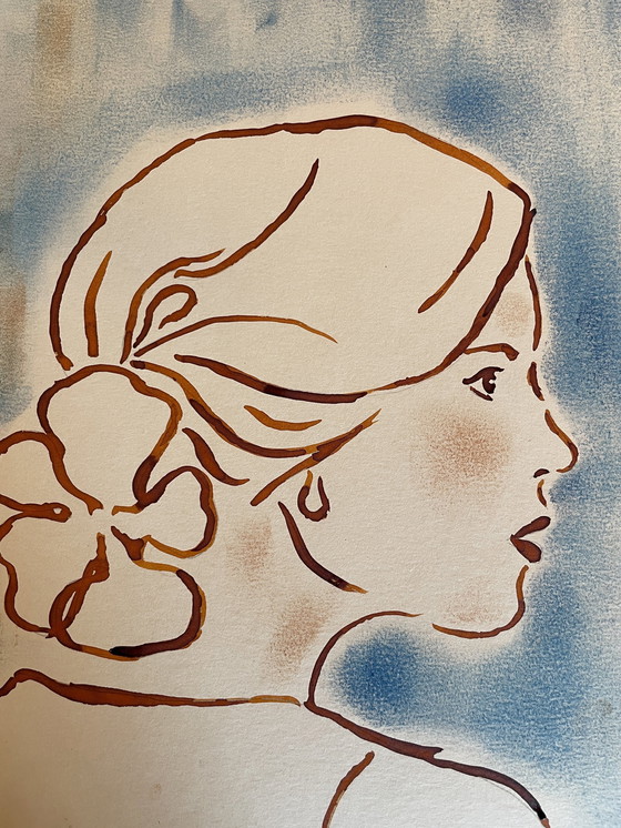 Image 1 of Retrato femenino en pintura al pastel con tinta La Flor Art Déco