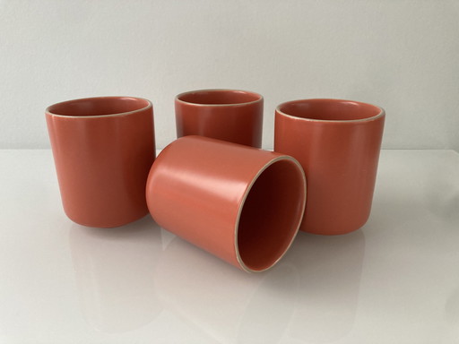 Set Of Four Coral Pink Coffee Mugs