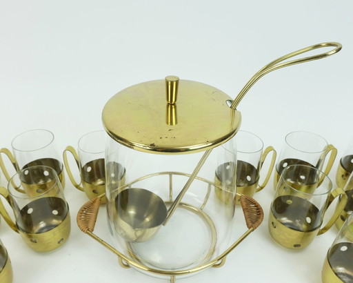 élégante coupe PUNCH du milieu du siècle avec 12 verres et centre de table 1950