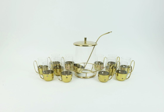 Image 1 of élégante coupe PUNCH du milieu du siècle avec 12 verres et centre de table 1950