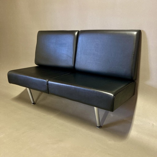 Black leather and metal Scandinavian design hanging sofa.