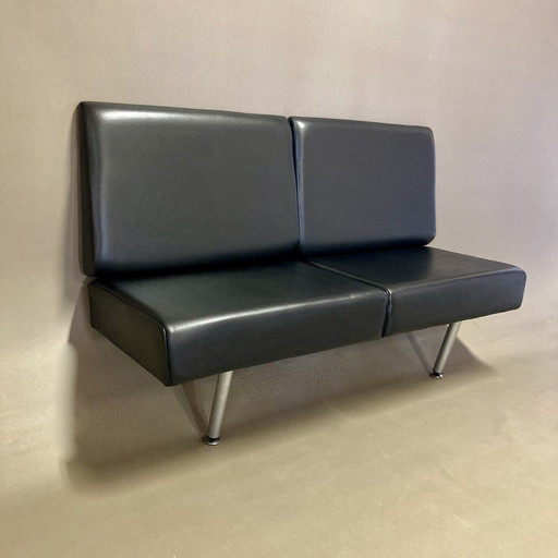 Black leather and metal Scandinavian design hanging sofa.