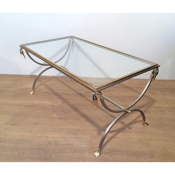 Image 1 of Vintage coffee table in brushed metal, glass and brass by Maison Jansen, 1970