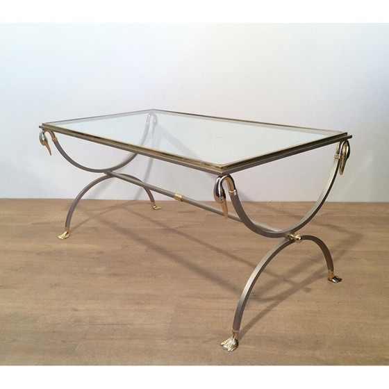 Image 1 of Vintage coffee table in brushed metal, glass and brass by Maison Jansen, 1970
