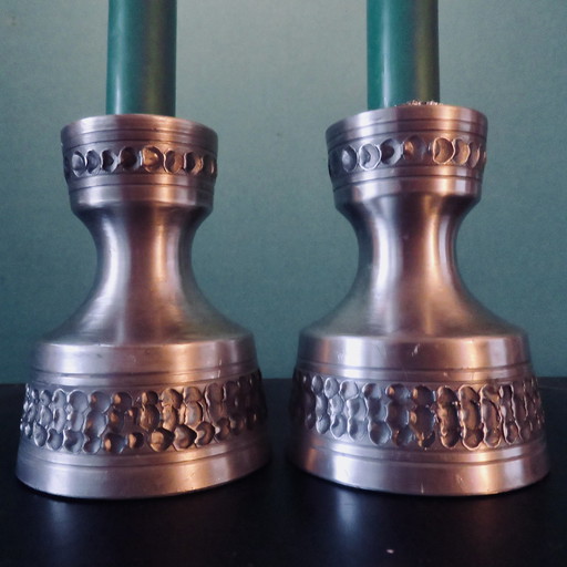 Pair Of White Pewter Candlesticks Decorated With Bas-Relief. "Perletin". Norway 1960