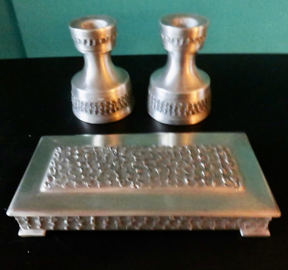 Image 1 of Pair Of White Pewter Candlesticks Decorated With Bas-Relief. "Perletin". Norway 1960