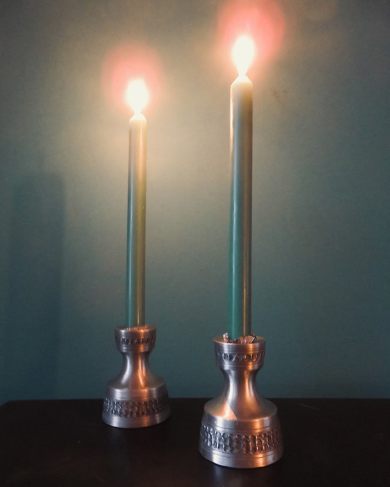 Image 1 of Pair Of White Pewter Candlesticks Decorated With Bas-Relief. "Perletin". Norway 1960