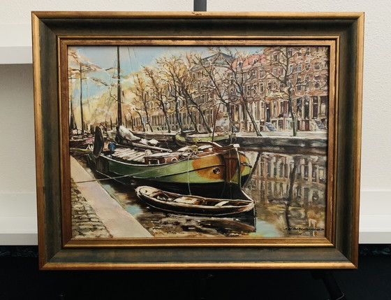 Image 1 of J.W. Barendswaard, "Boat On The Herengracht Amsterdam." Signed, Painting.