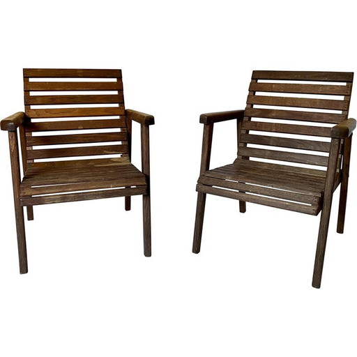 Pair of vintage oakwood slatted armchairs, 1950