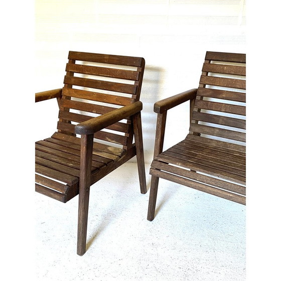 Image 1 of Coppia di poltrone vintage in legno di quercia con doghe, 1950