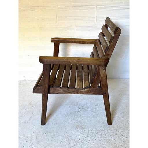 Pair of vintage oakwood slatted armchairs, 1950