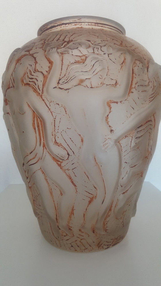 Image 1 of Boho Czech Libochovice Art Deco Glass Vase Nude Dancing Girls - Lalique