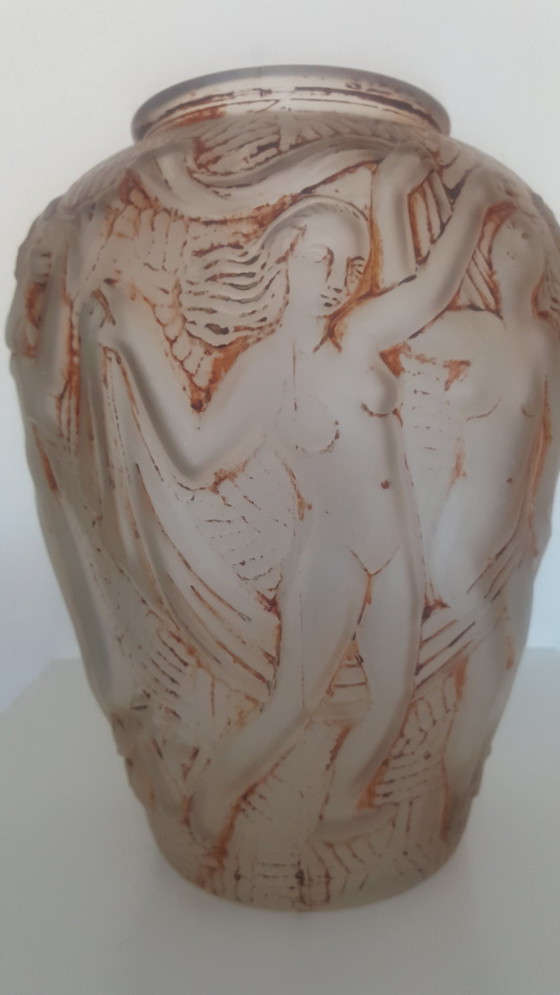 Image 1 of Boho Czech Libochovice Art Deco Glass Vase Nude Dancing Girls - Lalique