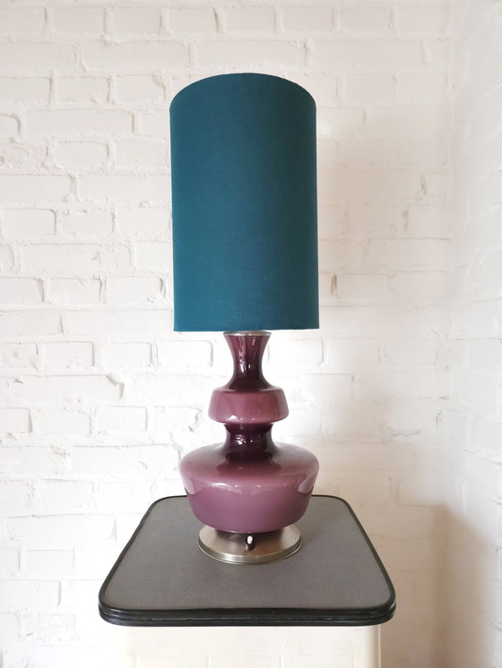 Image 1 of The Rupel Purple Molded Glass Table Lamp With Handmade Petrol Blue Shade