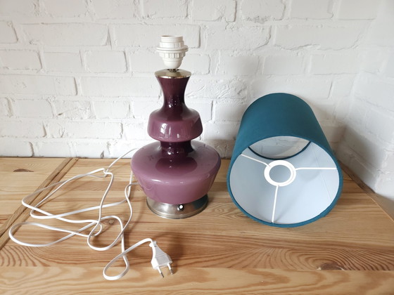 Image 1 of The Rupel Purple Molded Glass Table Lamp With Handmade Petrol Blue Shade