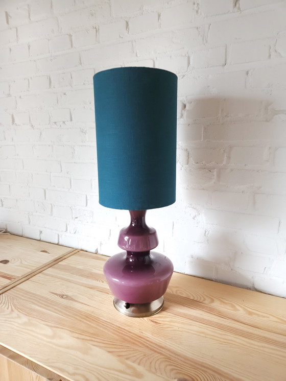 Image 1 of The Rupel Purple Molded Glass Table Lamp With Handmade Petrol Blue Shade