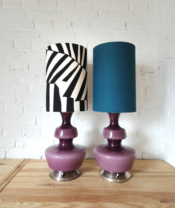 Image 1 of The Rupel Purple Molded Glass Table Lamp With Handmade Petrol Blue Shade