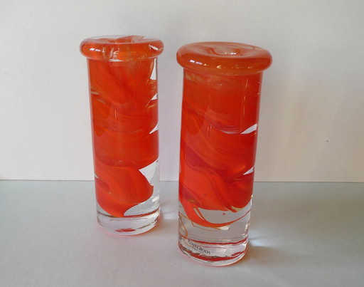 2 Orange candlesticks Atoll swirl, design Anna Ehrner, Kosta Boda, Sweden