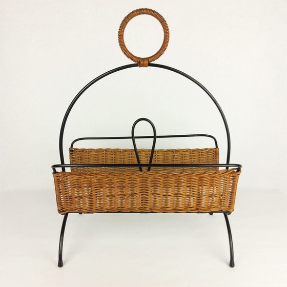Image 1 of Vintage metal and rattan magazine rack, 1960