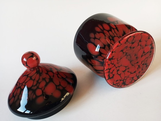 Image 1 of Rare Kralik Art-Deco Black/Red 'Tango' Lidded Glass Bowl 1930S