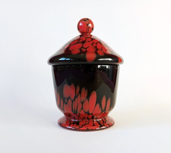 Image 1 of Rare Kralik Art-Deco Black/Red 'Tango' Lidded Glass Bowl 1930S