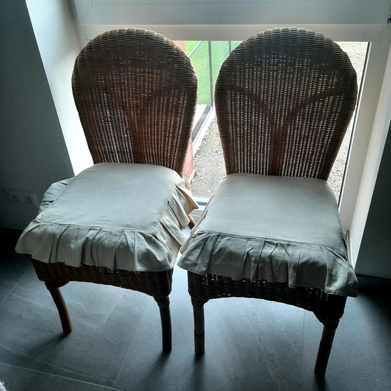 Image 1 of 4X Rattan Chairs With Cushions And 1X Rattan Table With Glass Top