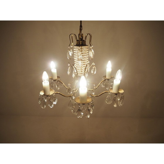 Image 1 of Lampadario vintage in vetro, ottone e cristallo di Boemia, 1950