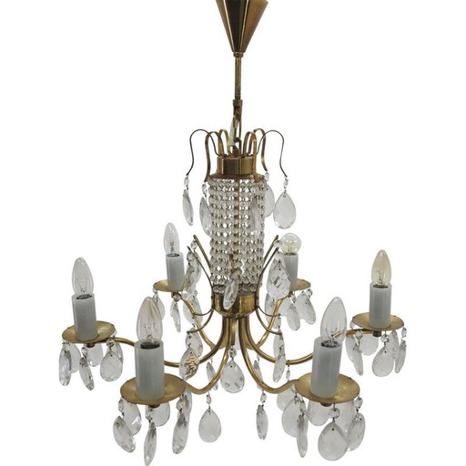 Vintage glass, brass, Bohemian crystal chandelier, 1950