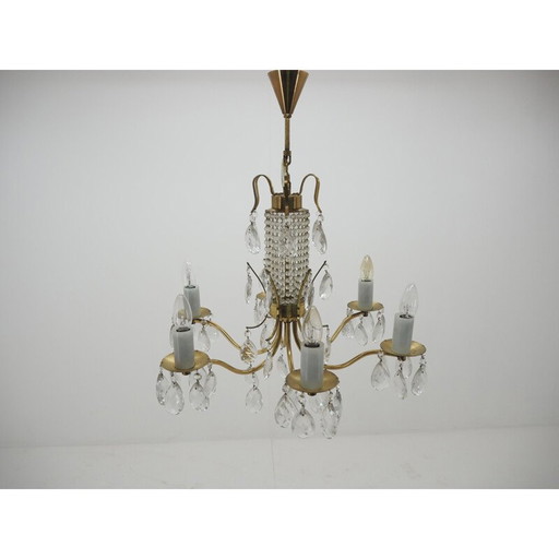 Vintage glass, brass, Bohemian crystal chandelier, 1950