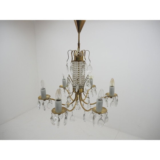 Image 1 of Lampadario vintage in vetro, ottone e cristallo di Boemia, 1950