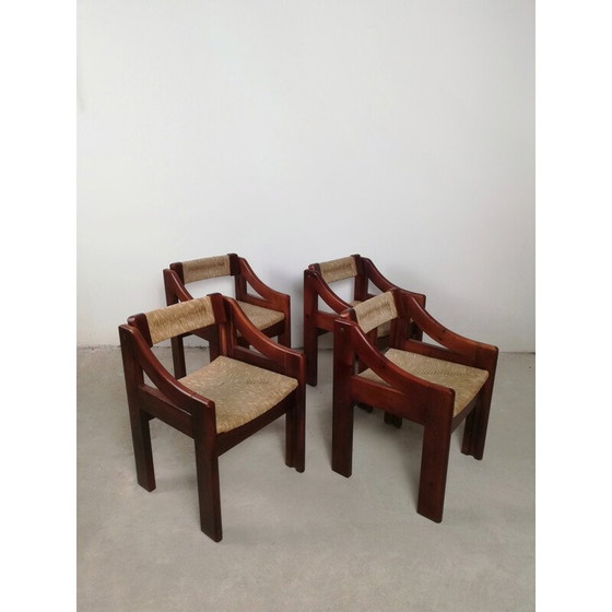 Image 1 of Set of 4 mid-century Brutalist pine and straw chairs by Fratelli Montina, Italy 1960s