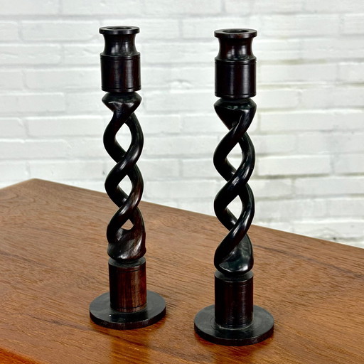 Woven brutalist African wood candelabras